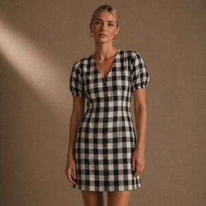 LOFT Black Gingham Linen Blend Mini Dress Sz 6 NWT